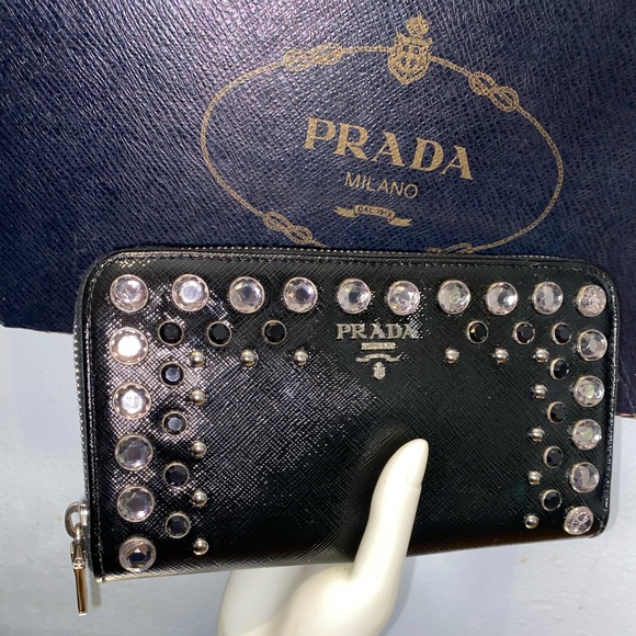 Prada Black Crystal Embellished Zip Around Wallet - Picture 2 of 15